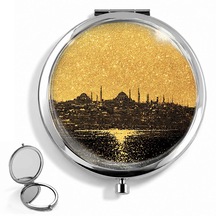 Makyaj Aynası İstanbul Silüeti Cep Aynası El Aynası Kişiye Özel Hazırlanabilir Çift Taraflı Yuvarlak Çanta Aynası Istanbul Temalı Hediye siyah