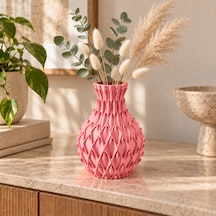 Yaprak Kabartmalı Dekoratif Vazo Modern Kuru Ve Yapay Çiçeklik Açık Pembe