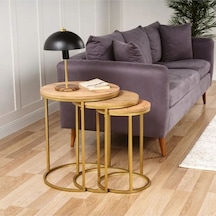 Alya Yuvarlak Ahşap Üçlü Zigon Sehpa Gold