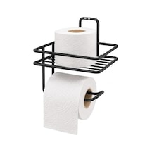 Yapışkanlı Siyah Raflı Tuvalet Kağıtlığı, Delmeden Montaj Duvar Tipi Tuvalet Kağıdı Tutucu, Banyo Ve Wc Organizer 16.5 x 12.2 x 11.2 CM