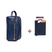 Newish Polo Erkek Deri Portföy Clutch Traş Kozmetik Bakım Ve Günlük El Çantası 14x24cm New171 - Mavi