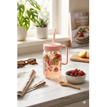 Pembe Kapaklı Pipetli Kulplu Cam Kupa Desenli Çocuk Su Süt Meyve Suyu Bardağı 370 Ml