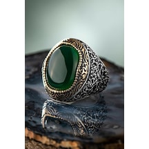 Takılingo Oval Yeşil Akik Taşlı Telkari Model Erkek Yüzük Gümüş