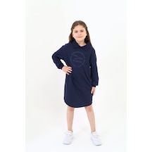 Kız Çocuk Baskılı Oversize Polo Yaka Uzun Kollu Elbise Lacivert