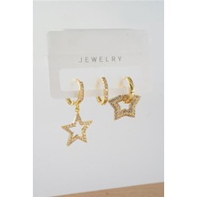 Kadın Vip Seri Baget Zirkon Taşlı Karışık Figürlü 3'lü Küpe Zrk00563-5385 Altın