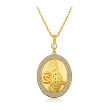 Gümüş Gold Tuğralı Oval Bayan Kolye