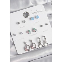 Pirinç Gümüş Renk Zirkon Taşlı Sallantı Halka Model Çiçek Detay 7 Çift Kadın Küpe Seti Çok Renkli