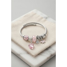 Pembe Kristal Kalp Charmlı Gümüş Renk Bileklik - Ebj260725w44555 Bakır