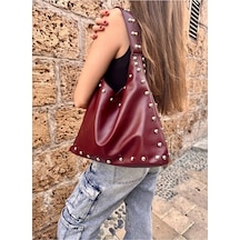Lovelystore Metal Detaylı Kadın Omuz Çantası Şık Deri Görünümlü Orta Boy Taşlı 30x26x9 Bordo