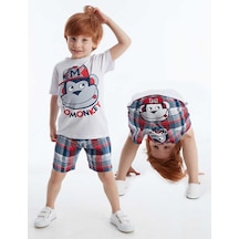 Denokids Monkey Ekose Erkek Çocuk Şort Takım-beyaz Beyaz