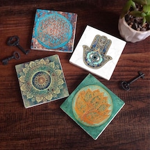 Mandala, Yaşam Çiçeği, Lotus Çiçeği, Fatma Ana Eli Hamsa Taş Bardak Altlığı Seti - 4 Parça - Dekoratif, Rustik Mutfak Aksesuarı, 10x10 Cm, Kaydırmaz Tabanlı, Şık Ve Dayanıklı Sc212 Çok Renkli