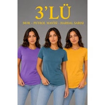 Efnaz Style 3 Lü Kısa Kollu Bisiklet Yaka Basic Slim Fit T-shirt - Mor - Petrol Mavisi - Hardal Çok Renkli