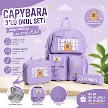 Capybara Desenli 3 Parça İlkokul Ortaokul Çanta Seti Sırt Çantası Beslenme Çantası Kalemlik Lila