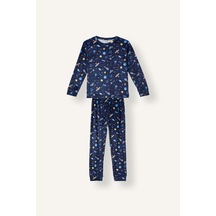 Defacto Uzay Baskılı Uzun Kollu Üst Lastikli Paça 2li Pijama Takımı Erkek Çocuk I3395a826cwnv241 Lacivert-nv241