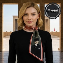 Mavi Masal 5 Adet Kadın Atatürk Portreli Ve İmzalı Fular Seti - Kalpaklı K. Atatürk Görselli Toptan İpek Saten Kadın Boyun Fuları / Atatürk Tören Fuları Siyah