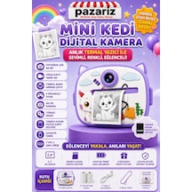 Çocuk Dijital Kamera Kedi Temalı Termal Yazıcılı 2.4 İnç Ekran Fotoğraf Video Selfie 3 Oyunlu Anında Baskı Makinesi Print Kamera Çift Kamera, Silikon Kılıf
