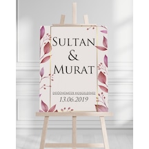 Söz Nişan Düğün İçin 50x70 Karşılama Panosu - Pembe Yaprak Tasarımlı Beyaz