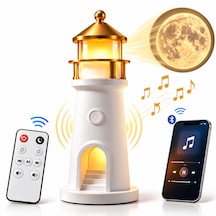 Kenly Deniz Feneri Ay Projeksiyonlu Led Gece Lambası Bluetooth Hoparlörlü Kumandalı Dimmerli 2400 Mah Şarjlı Masa Lambası Beyaz