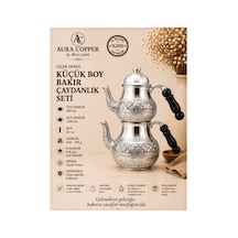 Bakır Çaydanlık Seti Küçük Boy Çiçek Desenli Gümüş Renk 0,8 Mm 500 Ml + 1200 Ml - Bakır Bileklik Hediyedir Trs-0073