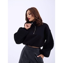 Fashion Friends Peluş Tiftik Kollu Kalın Kışlık Sıcacık Bel Lastikli Kısa Krop Sweat Siyah