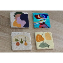 Tasarım Figür Line Art Ve Objeler Doğal Taş Bardak Altlığı 4'lü Set - Natural Stone Coasters - Taş Beyaz