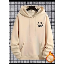 Medinenur Gülümseyen Yüz Baskılı Kapüşonlu Sweatshirt Bej