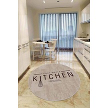 Bej Kaymaz Taban Kitchen Yazılı Yuvarlak Mutfak Halısı Ar801n11