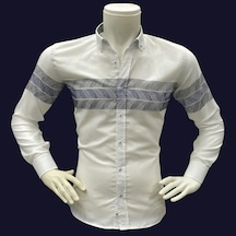 Klasik %100 Cotton Uzun Kollu Terletmeyen Kışlık Flanel Kumaş 3 Renkli Çizgili Gömlek Regular Kalıp -10526 Beyaz