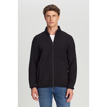 AC&Co / Altınyıldız Classics Erkek Sıyah Anti-pilling Tüylenme Yapmayan Standart Fit Bato Yaka Sweatshirt Polar Ceket Siyah