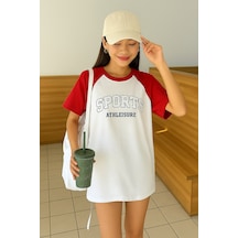 Sports Athleisure Beyaz Gövde Kırmızı Kol T-shirt - Oversize Bisiklet Yaka Tişört Beyaz Kırmızı-284055