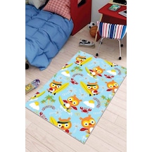Mavi Kaymaz Tabanlı Yıkanabilir Baykuşlu Çocuk Halısı Ar038n11