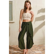 Ang Butik Kadın Kalın Askılı Oyuk U Yaka Cotton Düz Yazlık Uzun Dantel Detaylı Pijama Takımı Haki