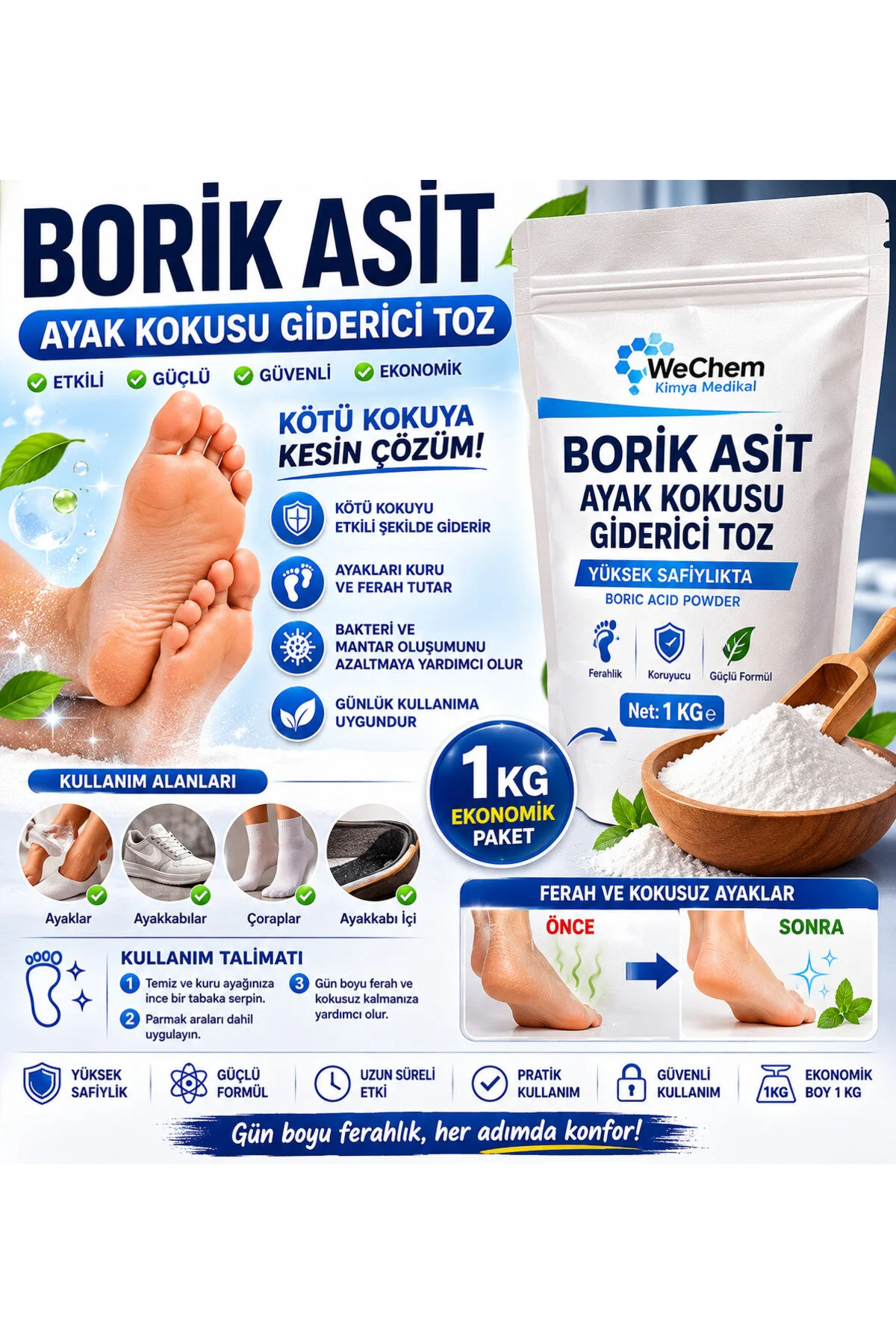Borik Asit Ayak Ve Ayakkabı Koku Önleyici Toz Premium Kalite 1 Kg