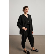 Oversize Çizgili Siyah Kadın Blazer Ceket-siyah