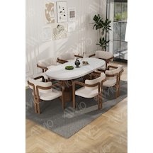 Avvio Arion Serisi Bohem Ayak 6'lı Tokyo Metal Demonte Sandalye 80x160 Masa Sandalye Takımı Beyaz Masa Sandalye Kahve Kumaş Krem