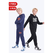 Fyk Kids 3 İplik Baskılı Kışlık Kanguru Cepli Kapüşonlu Erkek Çocuk 2'li Eşofman Takımı 4 Parça Lacivert-siyah