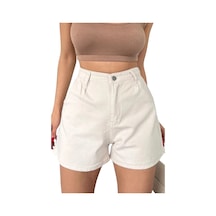 Mini Denim Şort Cepli -krem