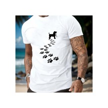 Caddemia Yaz Moda Rahat Spor Bol Kesim Köpek Pençe Baskı Baskı Yuvarlak Boyun Kısa Ko Beyaz 2XL
