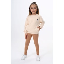 Toontoy Kids Toontoy Kız Çocuk 2'li Takım Baskılı Bisiklet Yaka Düşük Omuz Cepli Sweatshirt & Basic Düz Tayt Bej