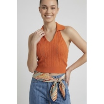 Neden Tekstil Kadın Polo Yaka Sırt Dekolteli Crop Bluz - Turuncu