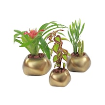 Saksı Çiçek Kaktüs Saksısı Lüx 14 Cm Elips Desenli 3'lü Set Çiçeklik - Altın Eskitme