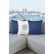 Kırlent Kılıfı 45x45 3'lü Marin Set Nakışlı + Düz Su İtici Outdoor Keten Tekne Bahçe Krem - Lacivert
