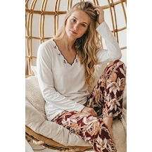 Siyah İnci Ekru Desenli V Yaka Nakışlı Viskon Örme Pijama Takım 26224657