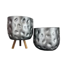 Bitki Tasarımı Ev Dekorasyon Aksesuar Gümüş Desenli Toprak Saksı Saksılık Salon Çiçeklik İkili Set Ayaksız - 3 Ayaklı- 19 CM