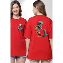 Zombi İskelet Kendine Yumruk Kırmızı Oversize Unisex Ön Ve Sırt Baskılı Tişört Kırmızı