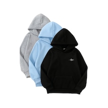 3'lü Kapüşonlu Sweatshirt Seti- Minimal Hope Baskılı - Kışlık Şardonlu Kumaş Siyah Bebe Mavi Gri