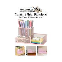 Masaüstü Metal Kalemlik Seti 3 Lü Kombo 1 Paket Fileli Perfore Pastel Renkli Kalemlik Kağıtlık Küpnotluk Düzenleyici Açık Pembe