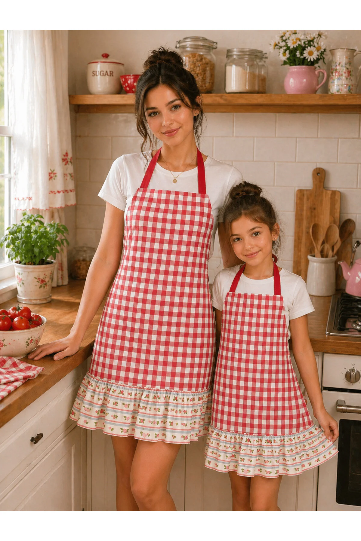 Ays Home Kırmızı Pötikareli Fırfırlı Anne Çocuk Mutfak Önlüğü Anneler Günü