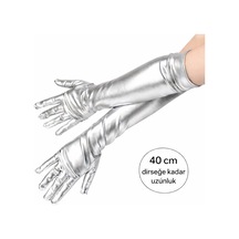 Gümüş - 39 - Renk Dirsek Altı Lüks Saten Eldiven - Kmrsfres - 40 Cm
