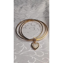 Taşlı Kalp Charmlı 3lü Gold Çelik Ajda Bilezik